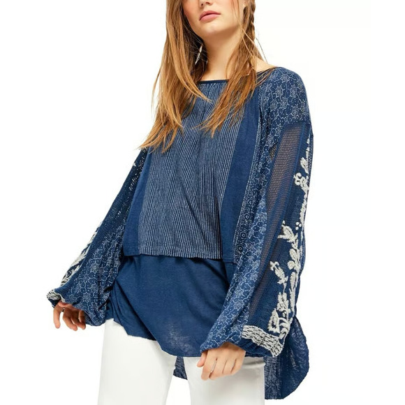 Free People Tops - Free People Tunic Womens S/P Indigo Y2K Dreams Oversized Floral Bohemian A004915